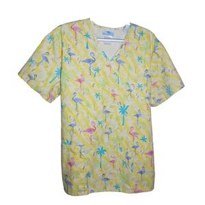 SB Brand Multicolor Flamingo Print Womens Scrub Top Size L Yellow Medical Pocket